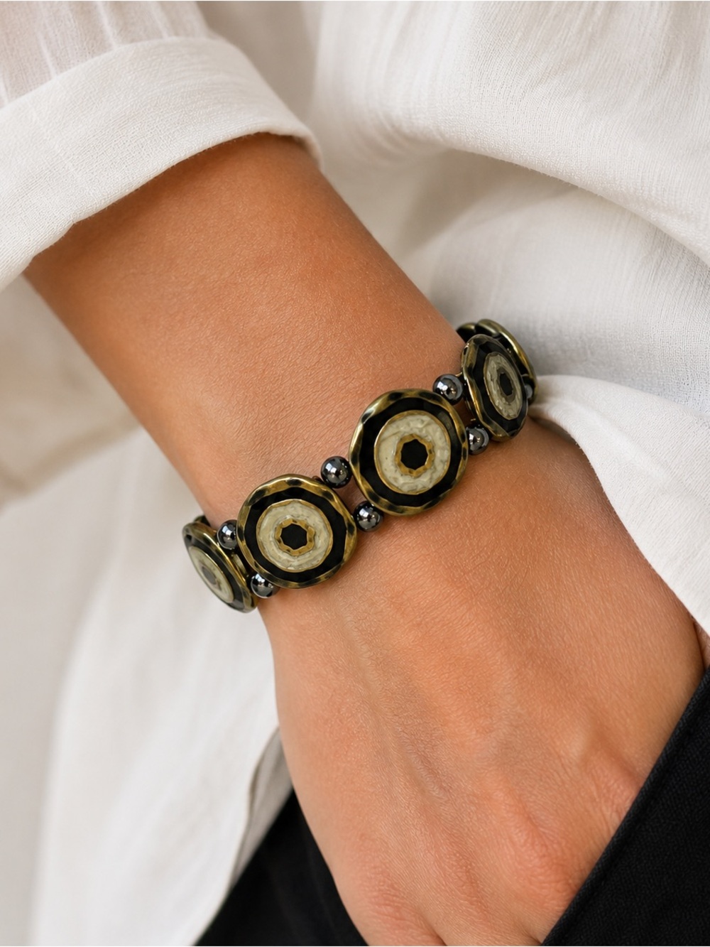 KMs GEMs Vintage Style Black & Gold Medallion Stretch Bracelet